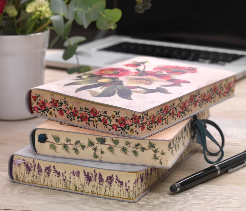 Bel Fiore, Beautiful Flower- Printed Italian Soft Leather Journal , Notebook - Handmade in Italy