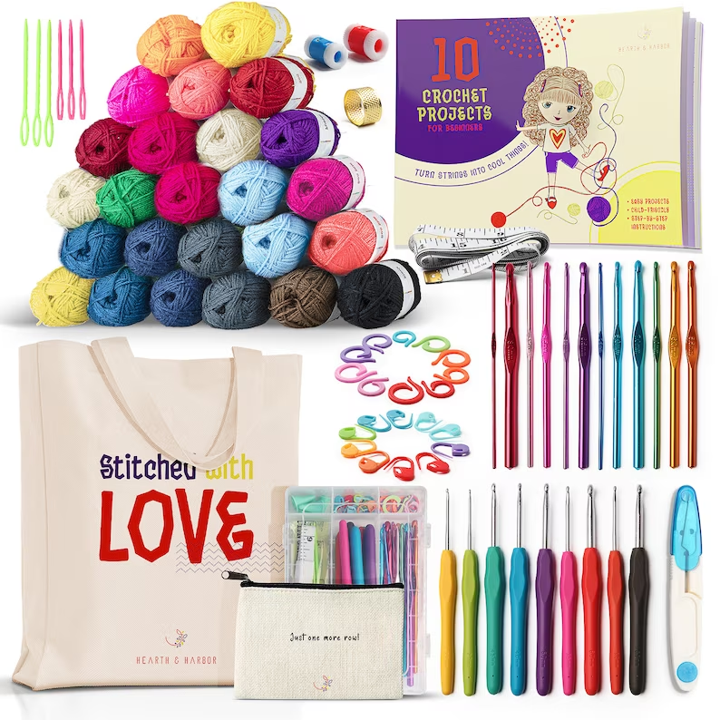 Beginner's Crochet Kit, Learn to Crochet Kit for Adults and Kids, 80 Pc Crochet Set with Patterns Book, Crochet Yarn & Hooks, Christmas Gift