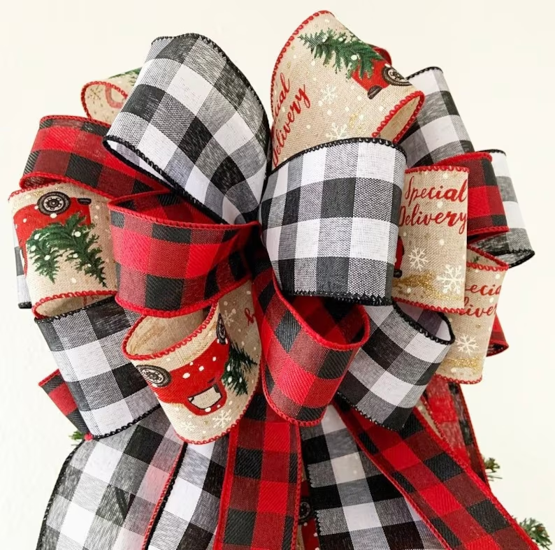 Red Truck and Buffalo Plaid Tree Topper Bow